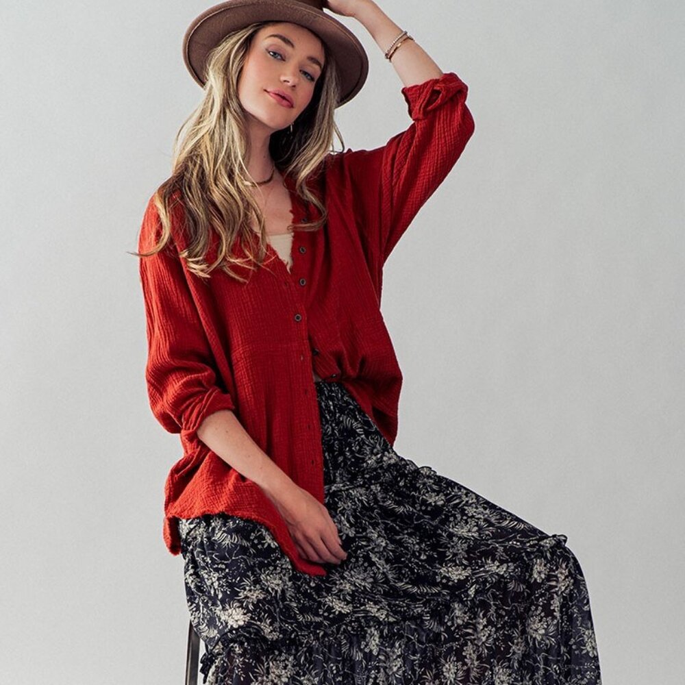New From Trend Notes: Premium Soft Frayed Hem Gauze Vintage Washed Shirt Rust…